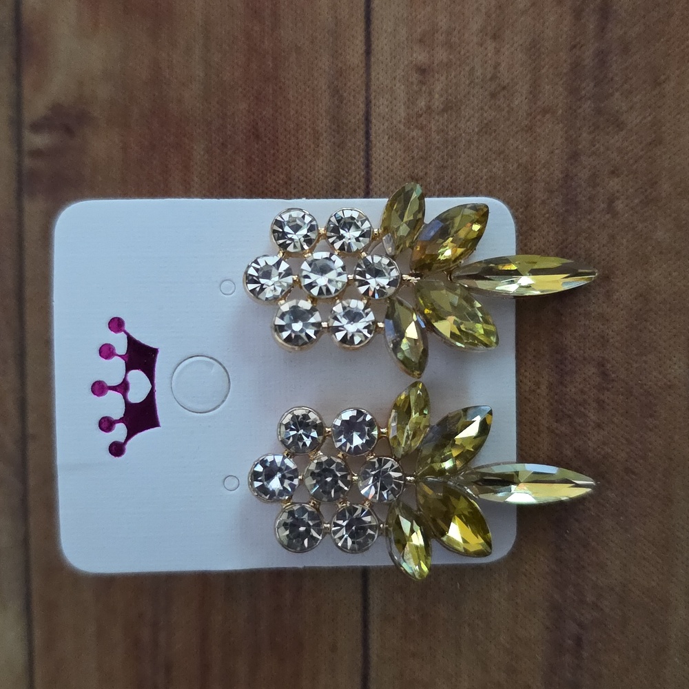 Flower Cluster Earrings Yellow/Olive-Green Rhinestones Post Backs